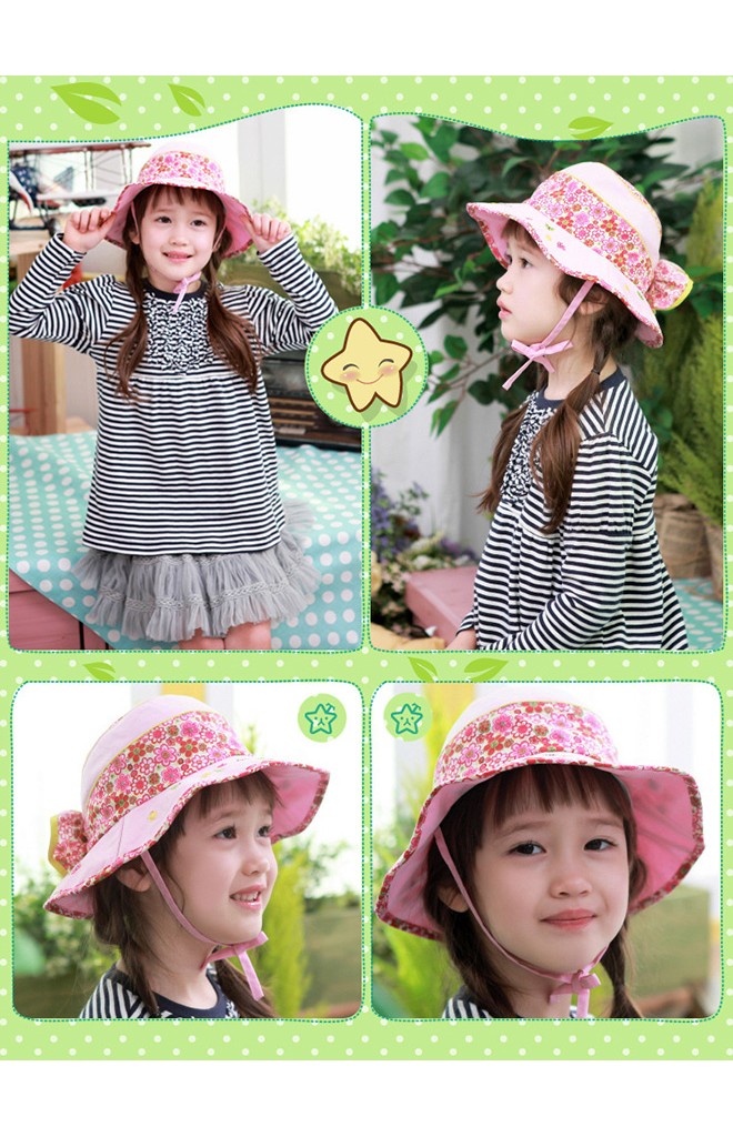 หมวกเด็กปีกกว้าง สีหวานตัดด้วยผ้าลายดอกด้านหลังแต่งโบว์