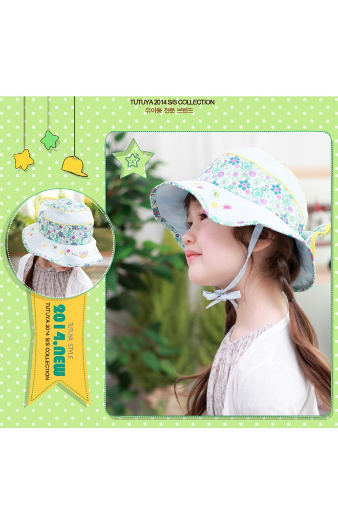 หมวกเด็กปีกกว้าง สีหวานตัดด้วยผ้าลายดอกด้านหลังแต่งโบว์