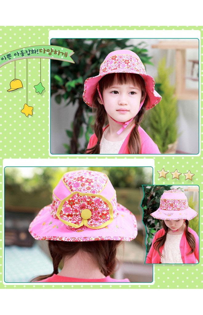หมวกเด็กปีกกว้าง สีหวานตัดด้วยผ้าลายดอกด้านหลังแต่งโบว์