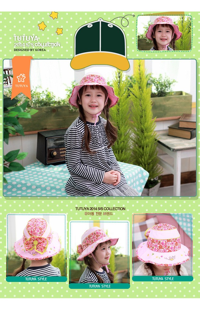 หมวกเด็กปีกกว้าง สีหวานตัดด้วยผ้าลายดอกด้านหลังแต่งโบว์
