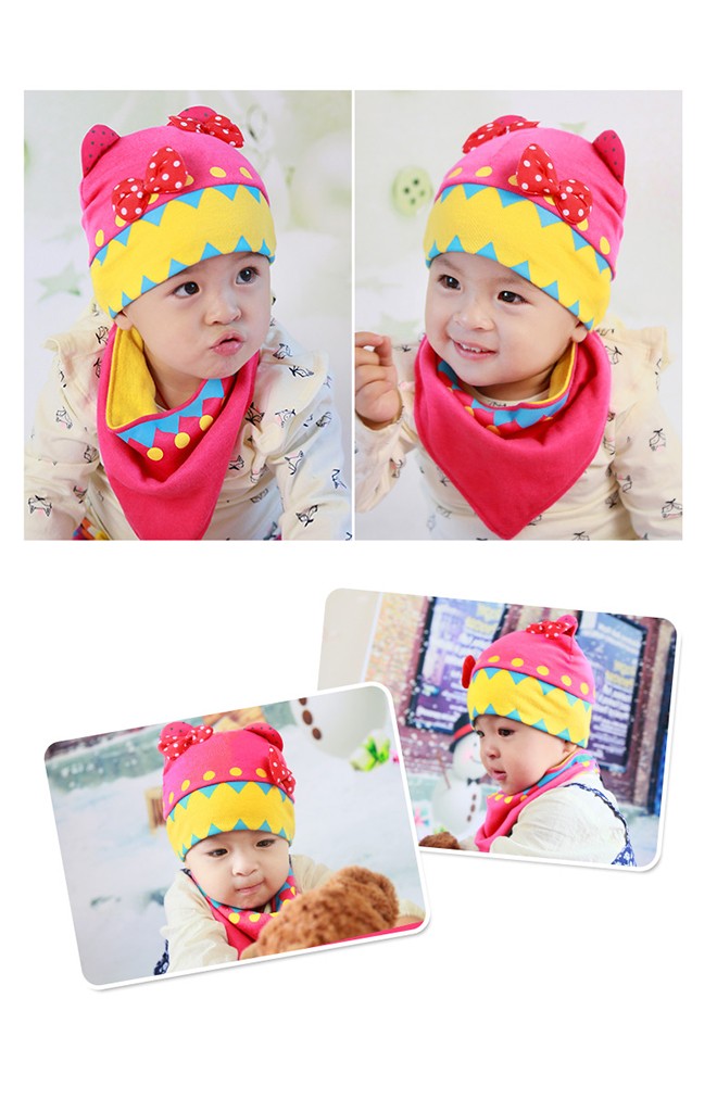 เซ็ตหมวกพร้อมผ้ากันเปื้อน แต่งหูหมีและโบว์น่ารัก