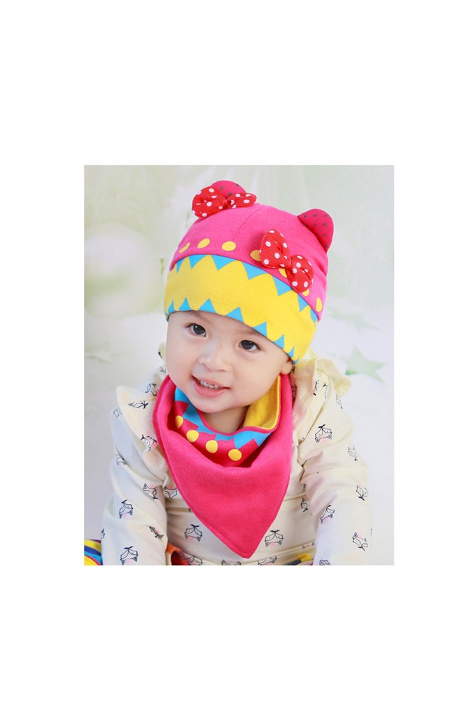 เซ็ตหมวกพร้อมผ้ากันเปื้อน แต่งหูหมีและโบว์น่ารัก
