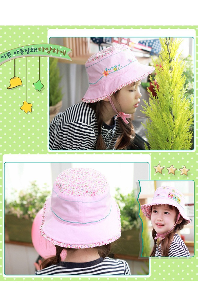 หมวกเด็กหญิง ผ้าพื้นตัดด้วยลายดอก ด้านหน้าหมวกปักรูปนกฮูกและดอกไม้