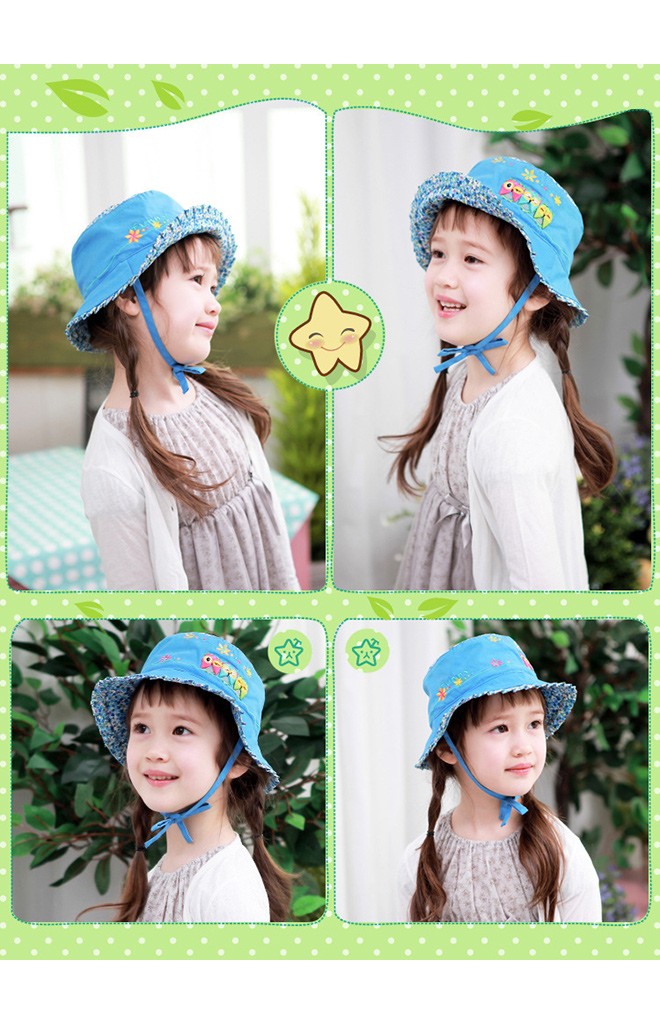 หมวกเด็กหญิง ผ้าพื้นตัดด้วยลายดอก ด้านหน้าหมวกปักรูปนกฮูกและดอกไม้