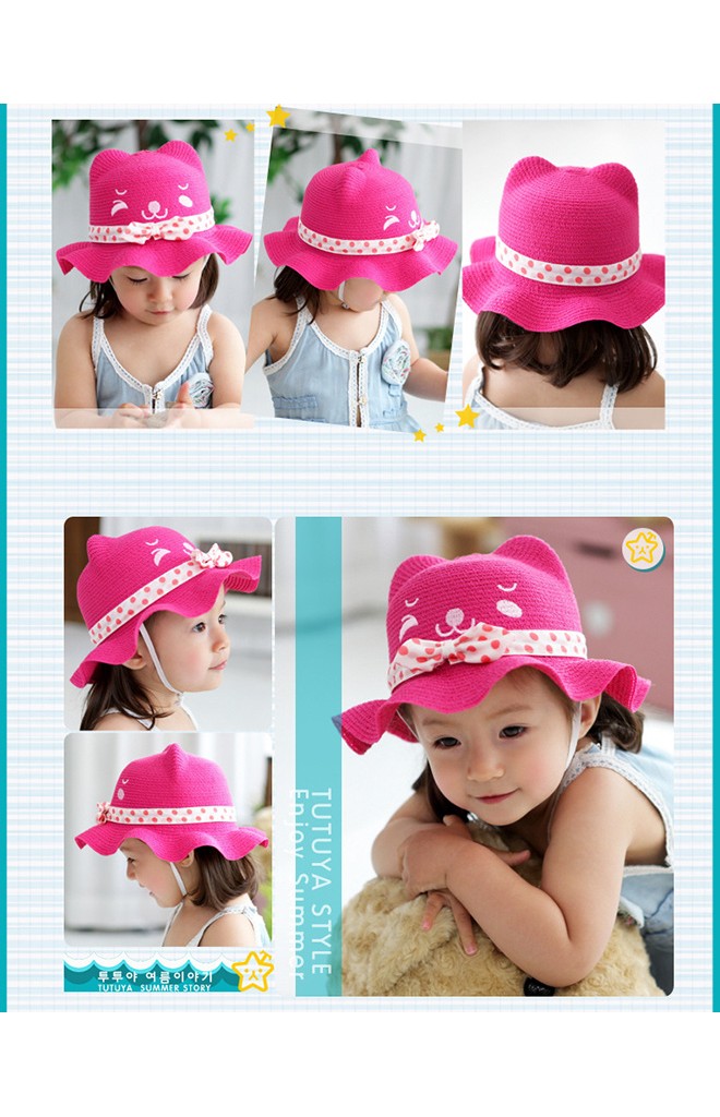 หมวกสานหน้าหมี ปีกระบาย คาดโบว์