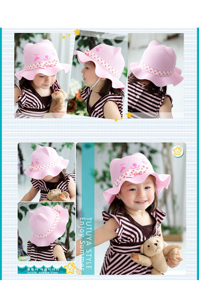 หมวกสานหน้าหมี ปีกระบาย คาดโบว์