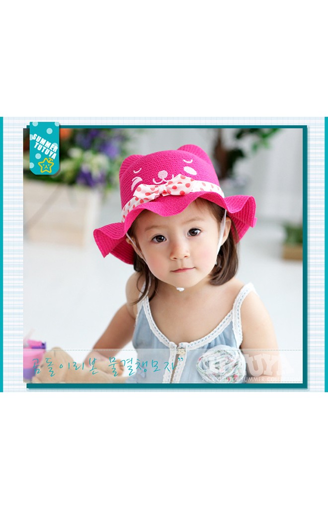 หมวกสานหน้าหมี ปีกระบาย คาดโบว์
