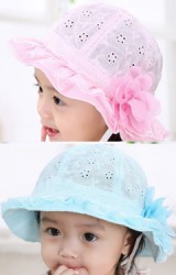 หมวกเด็กหญิงผ้าฉลุลายดอกไม้ ปีกหมวกระบายลูกไม้