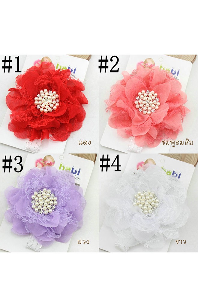 สายคาดผมดอกไม้ใหญ่กลีบดอกแซมด้วยผ้าลูกไม้ตรงกลางแต่งเกสรมุก