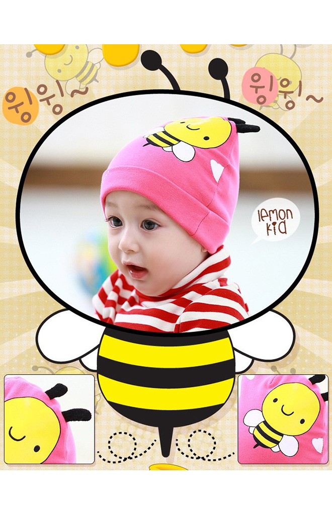 หมวกเด็กเล็กสีชมพูสกรีนรูปผึ้งแต่งหนวด จาก Lemonkid