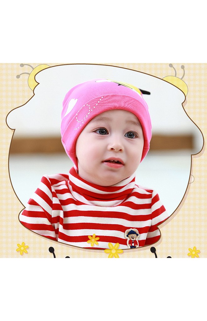 หมวกเด็กเล็กสีชมพูสกรีนรูปผึ้งแต่งหนวด จาก Lemonkid