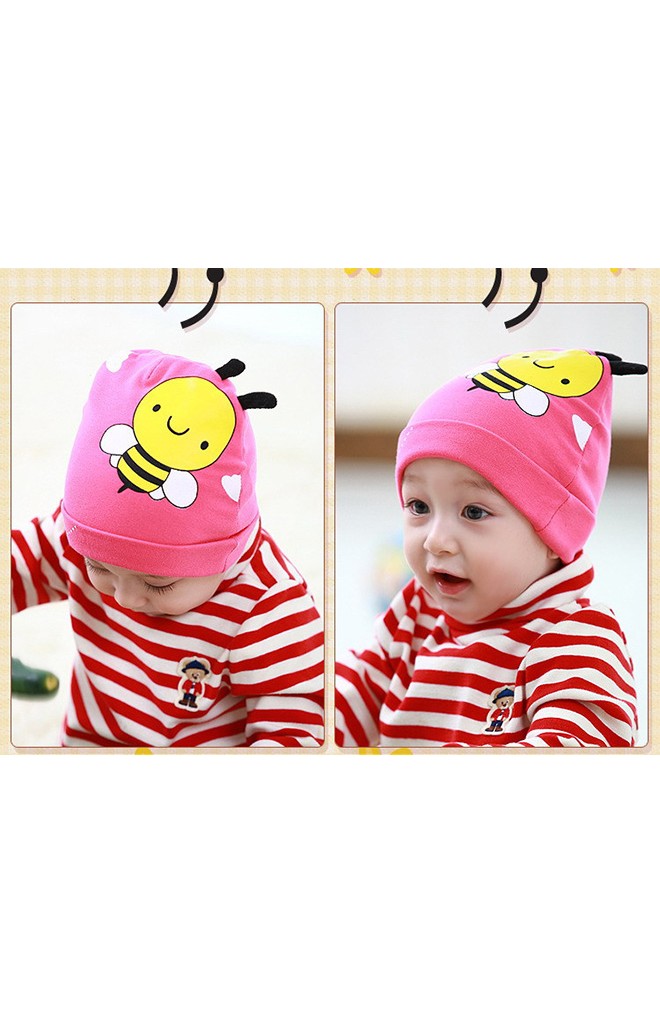 หมวกเด็กเล็กสีชมพูสกรีนรูปผึ้งแต่งหนวด จาก Lemonkid