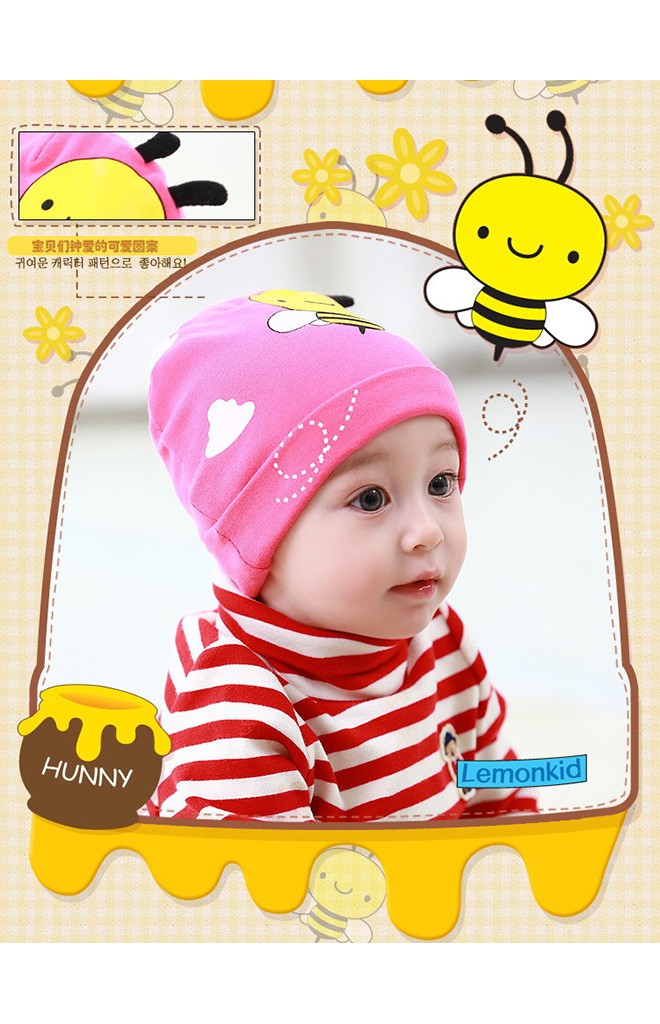 หมวกเด็กเล็กสีชมพูสกรีนรูปผึ้งแต่งหนวด จาก Lemonkid