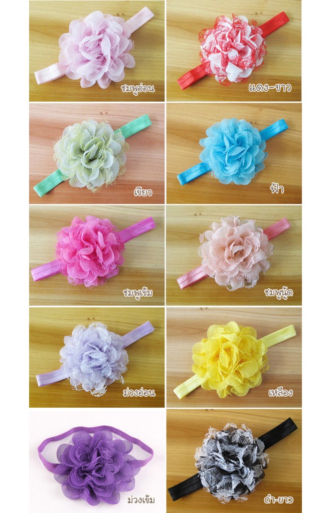 สายคาดผมดอกไม้ฟูแซมด้วยผ้าลูกไม้โปร่งสวยหวาน