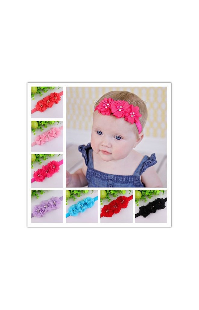 สายคาดผมดอกไม้ผ้าชีฟองหวานสีเดียวเรียง 3 ดอก