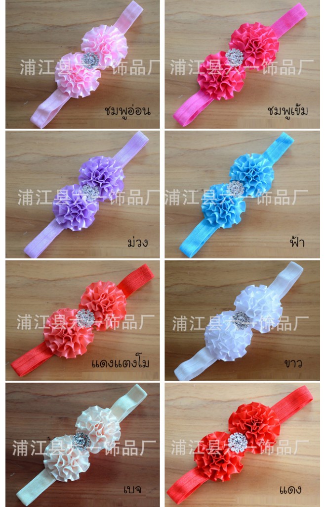 สายคาดผมโบว์ดอกไม้กลีบพริ้วแต่งกระดุมเกสรเพชรเทียม