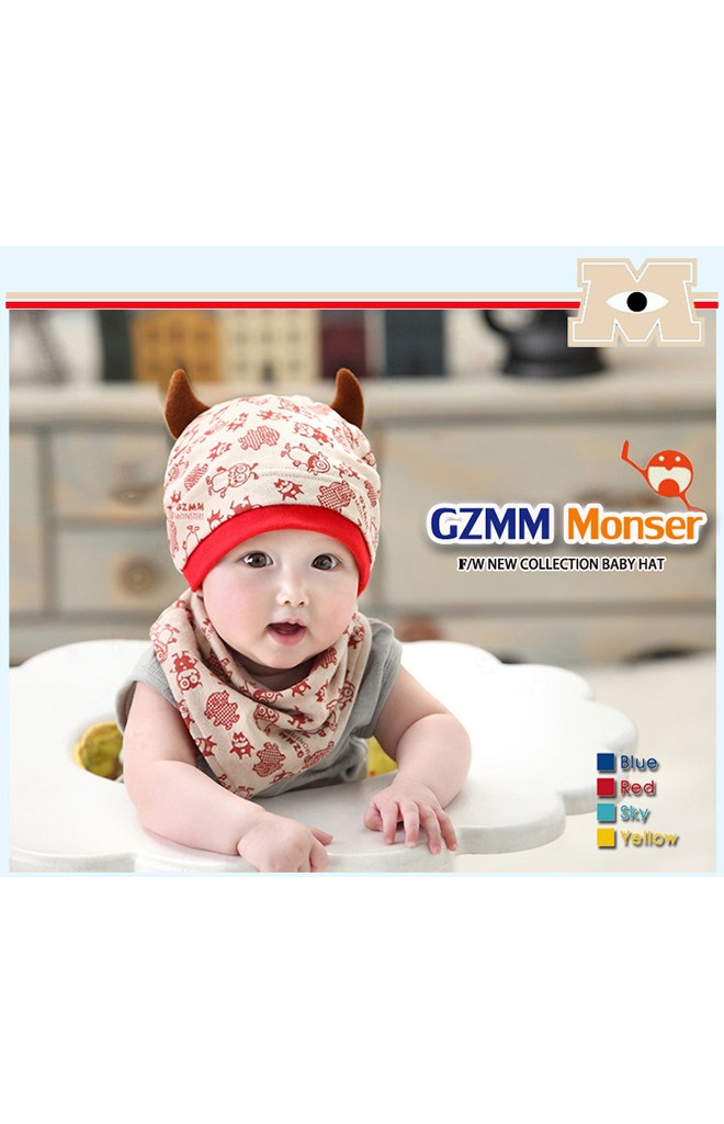 เซ็ตหมวกเด็กพร้อมผ้ากันเปื้อนลายมอนสเตอร์แต่งเขา จาก GZMM