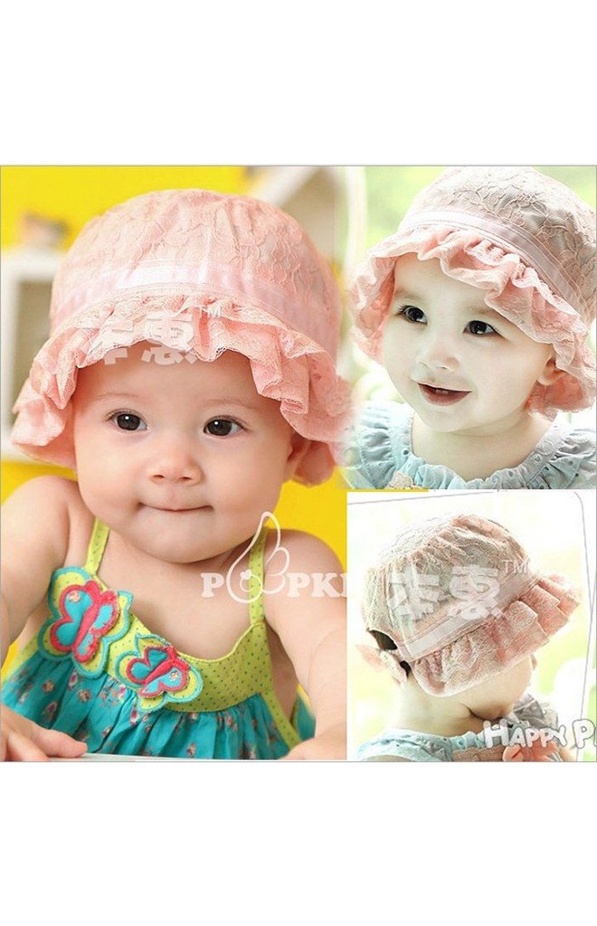 หมวกเด็กหญิงลูกไม้สวย ชายระบาย พร้อมแต่งโบว์ด้านหลัง