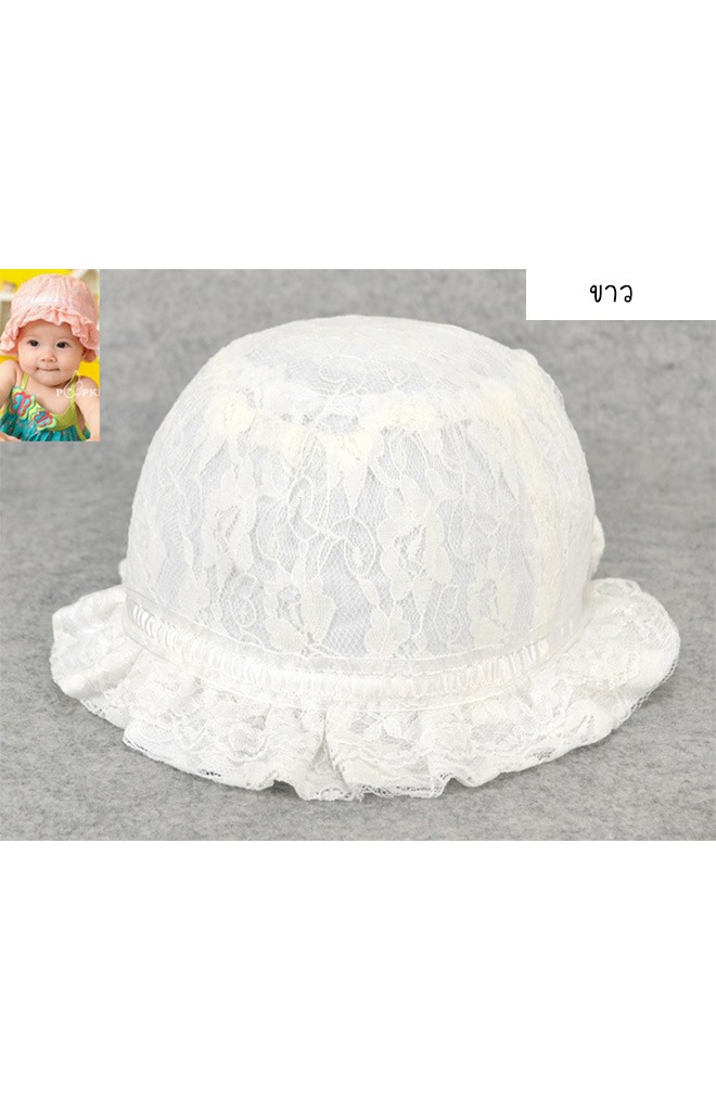 หมวกเด็กหญิงลูกไม้สวย ชายระบาย พร้อมแต่งโบว์ด้านหลัง