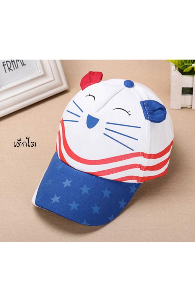 หมวกแก๊ปแมวแต่งหูน่ารัก ปีกหมวกสกรีนดาวแต่งสายคาดขาว