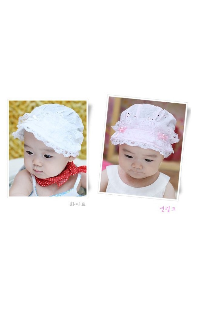 หมวกเด็กหญิงผ้าฝ้ายลายฉลุ แต่งลูกไม้ด้านหน้า