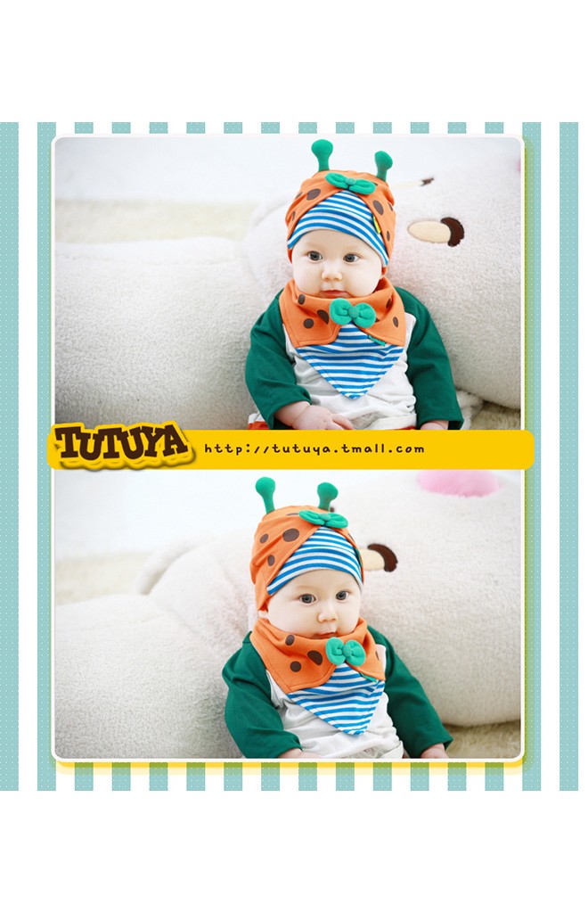 เซ็ตหมวกพร้อมผ้ากันเปื้อนลายเต่าทองแต่งโบว์น่ารักมากๆ TUTUYA