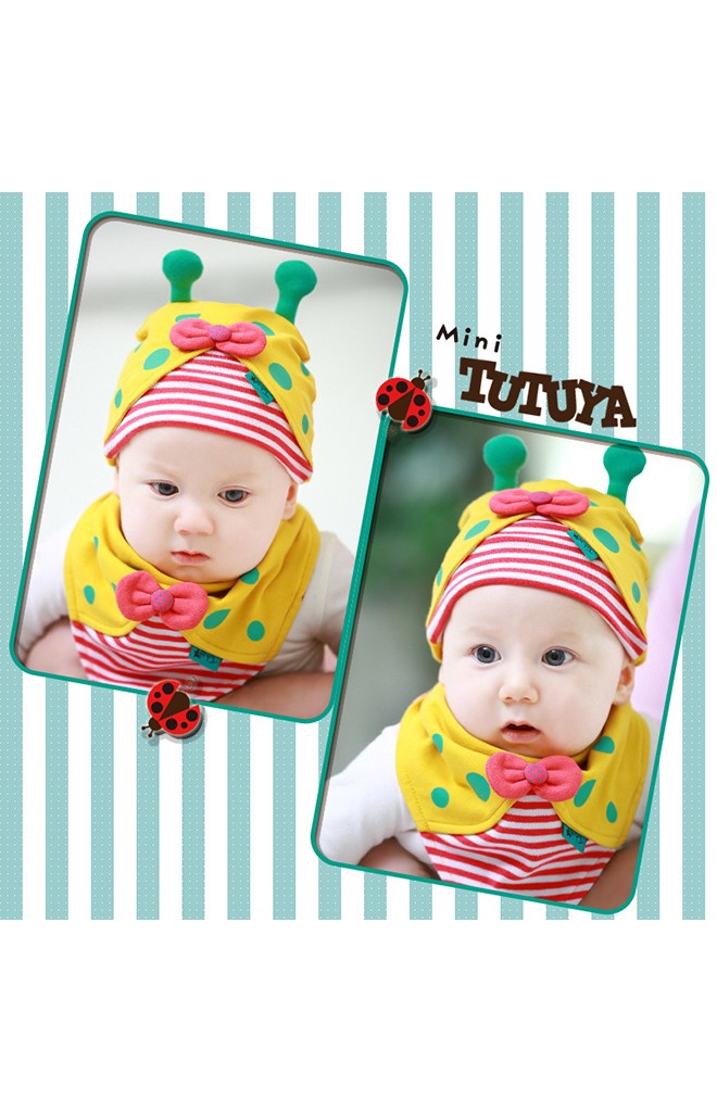 เซ็ตหมวกพร้อมผ้ากันเปื้อนลายเต่าทองแต่งโบว์น่ารักมากๆ TUTUYA