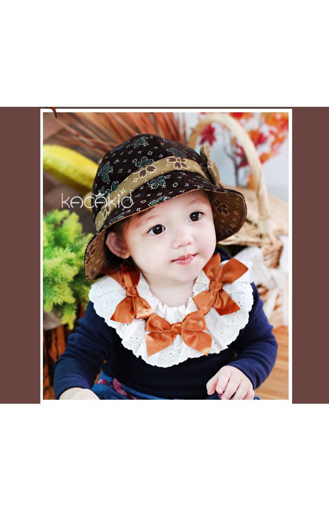หมวกเด็กหญิงผ้าลูกฟูกแบบบางพิมพ์ลายดอกไม้สวย แต่งคาดโบว์น่ารัก kacakid