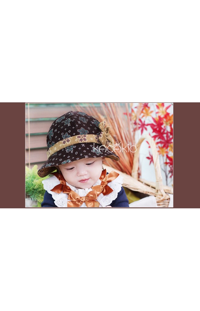 หมวกเด็กหญิงผ้าลูกฟูกแบบบางพิมพ์ลายดอกไม้สวย แต่งคาดโบว์น่ารัก kacakid