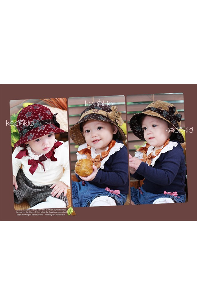 หมวกเด็กหญิงผ้าลูกฟูกแบบบางพิมพ์ลายดอกไม้สวย แต่งคาดโบว์น่ารัก kacakid