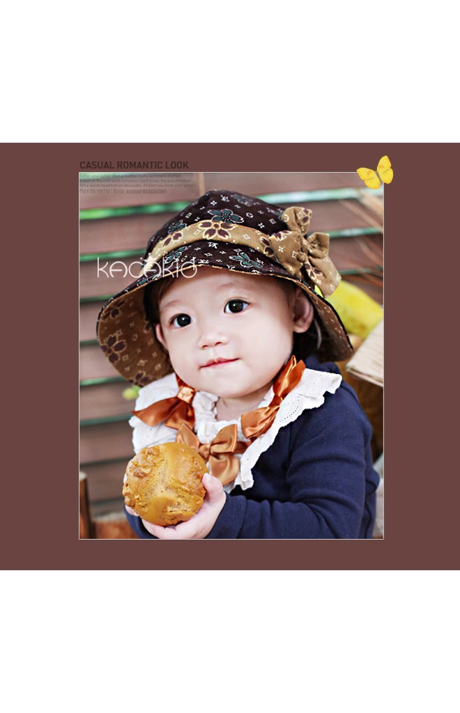 หมวกเด็กหญิงผ้าลูกฟูกแบบบางพิมพ์ลายดอกไม้สวย แต่งคาดโบว์น่ารัก kacakid