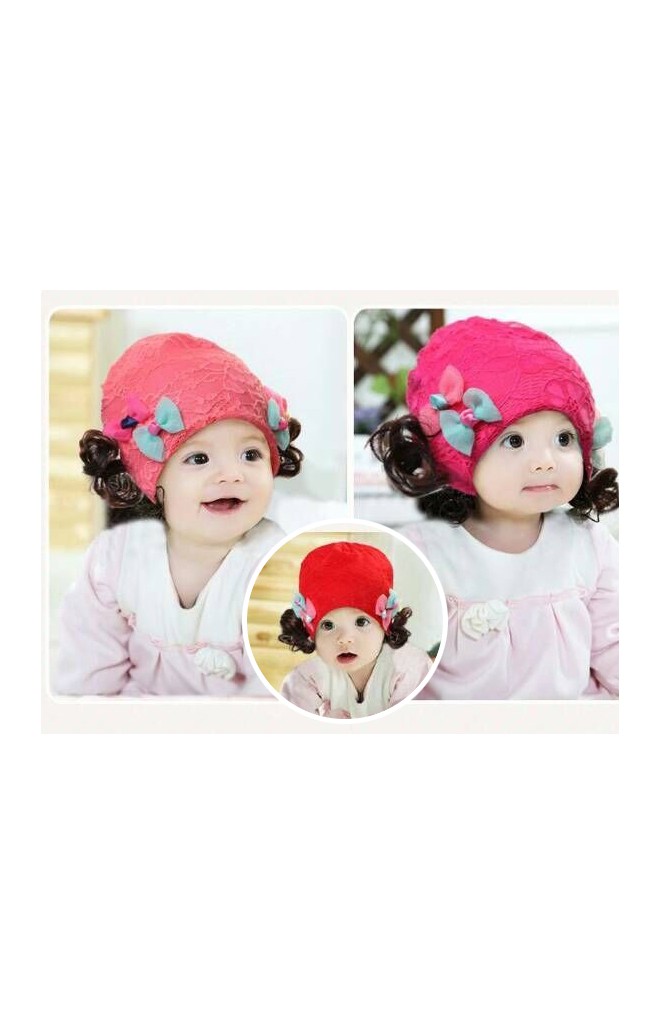หมวกปอยผมผ้าลูกไม้แต่งโบว์คู่น่ารัก ด้านในมีซับ