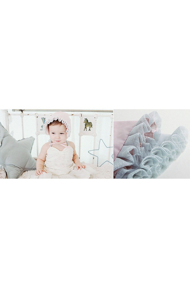 หมวกเด็กหญิงผ้าสีพื้นแต่งระบายปีกหมวกด้วยผ้าตาข่ายสีเงิน