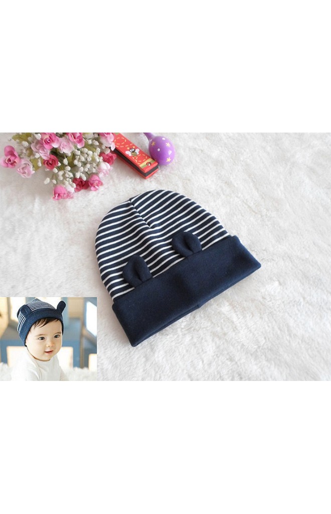 หมวกบีนนี่ตัวหมวกลายขวาง ขอบหมวกสีพื้นแต่งหูน่ารักๆ