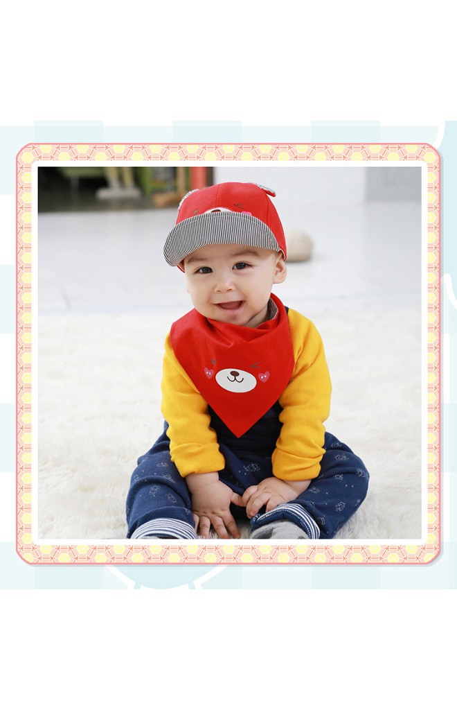เซ็ตหมวกแก๊ปหมีมาพร้อมผ้ากันเปื้อนลายเข้าชุดกัน Goodkid