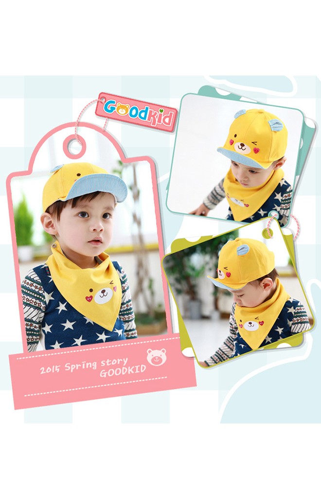 เซ็ตหมวกแก๊ปหมีมาพร้อมผ้ากันเปื้อนลายเข้าชุดกัน Goodkid