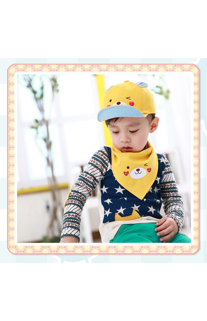 เซ็ตหมวกแก๊ปหมีมาพร้อมผ้ากันเปื้อนลายเข้าชุดกัน Goodkid