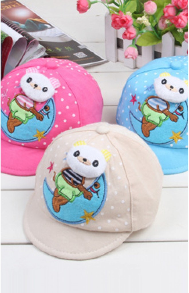 หมวกแก๊ปเด็กเนื้อผ้าฝ้ายแต่งรูปหมีและพระจันทร์