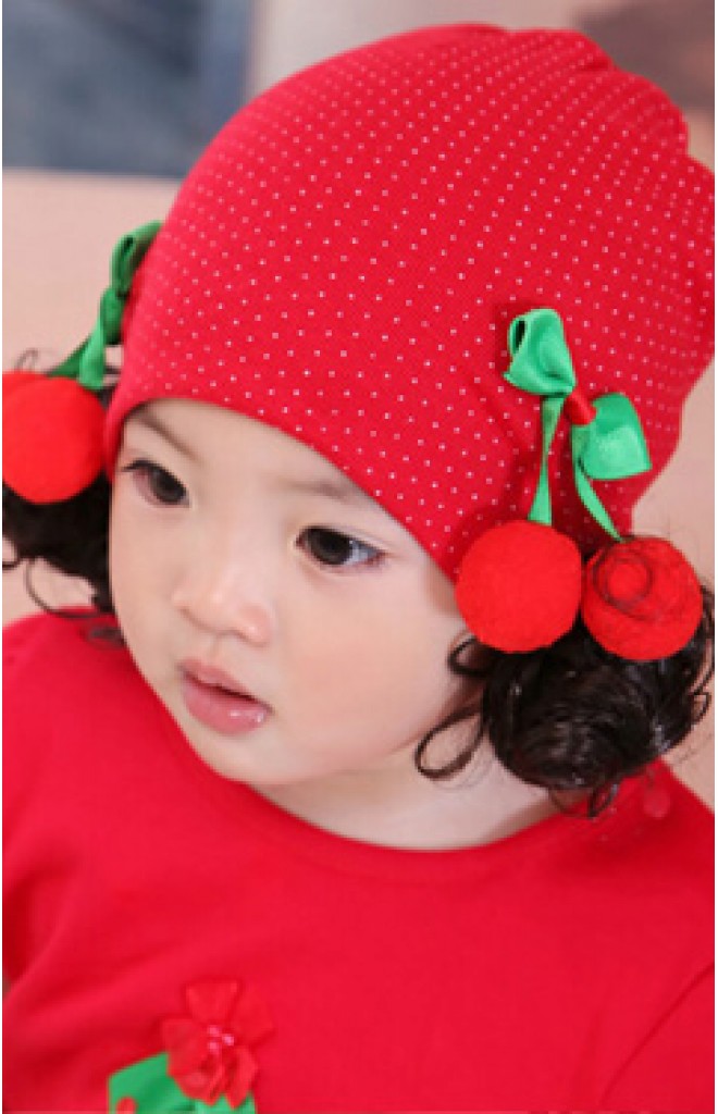 หมวกปอยผมสีแดงลายจุดแต่งเชอรี่ หมวกปอยผมสีแดงลายจุดแต่งเชอรี่