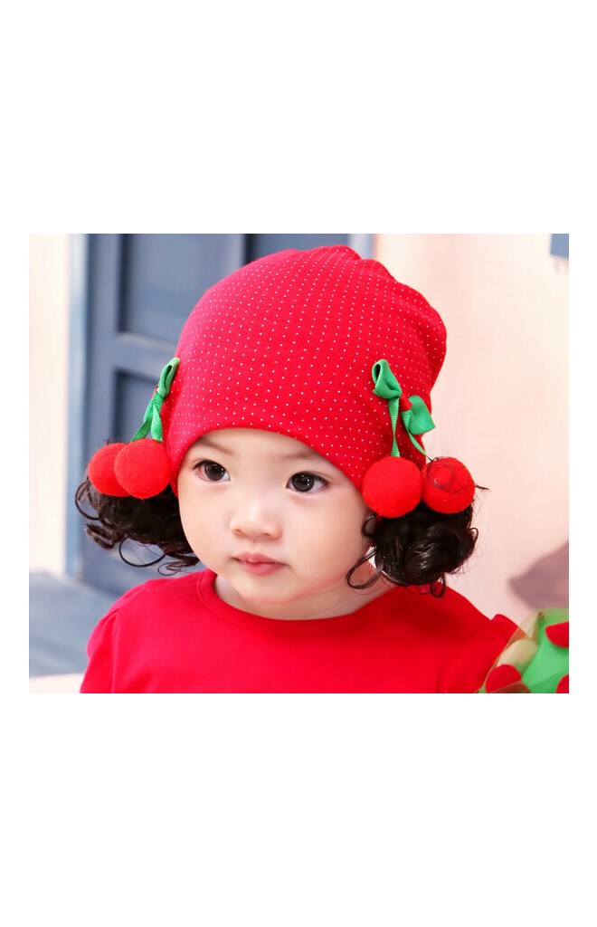 หมวกปอยผมสีแดงลายจุดแต่งเชอรี่