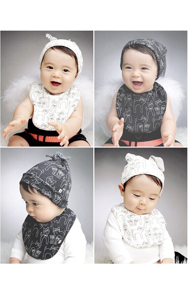 เซ็ตหมวกเด็กเล็กมาพร้อมผ้ากันเปื้อนลายแม่แมวและลูกๆ