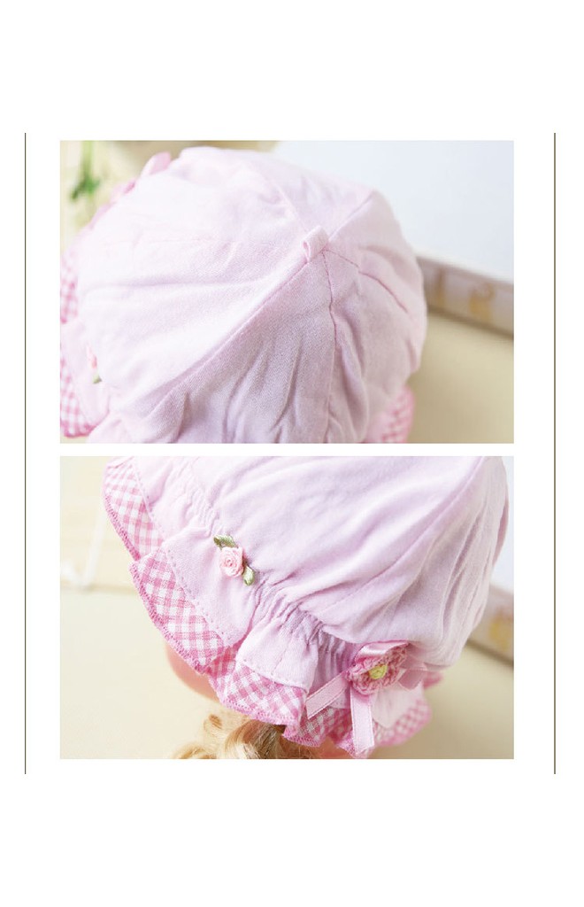 หมวกเด็กเล็กผ้ายืด ระบายชายด้วยผ้าลายตาราง