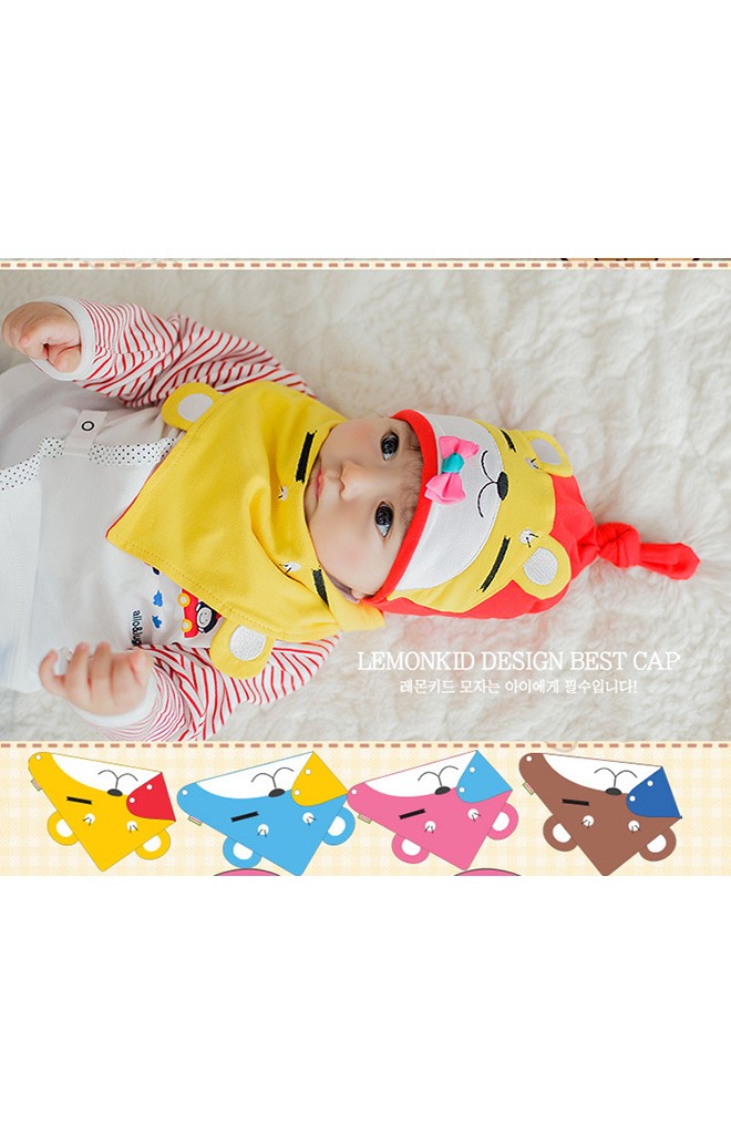 หมวกเด็กหน้าหมีหลับแต่งโบว์น่ารักมาพร้อมผ้ากันเปื้อนลายเข้าชุดกัน Lemonkid