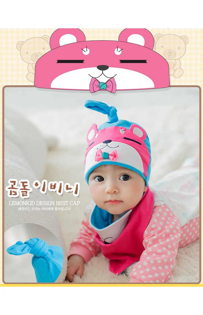 หมวกเด็กหน้าหมีหลับแต่งโบว์น่ารักมาพร้อมผ้ากันเปื้อนลายเข้าชุดกัน Lemonkid
