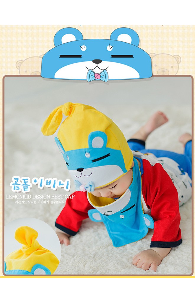 หมวกเด็กหน้าหมีหลับแต่งโบว์น่ารักมาพร้อมผ้ากันเปื้อนลายเข้าชุดกัน Lemonkid