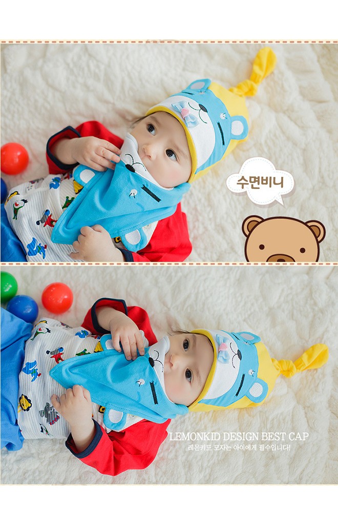 หมวกเด็กหน้าหมีหลับแต่งโบว์น่ารักมาพร้อมผ้ากันเปื้อนลายเข้าชุดกัน Lemonkid