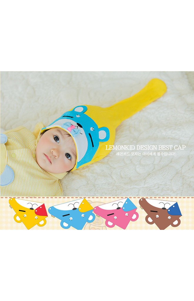 หมวกเด็กหน้าหมีหลับแต่งโบว์น่ารักมาพร้อมผ้ากันเปื้อนลายเข้าชุดกัน Lemonkid