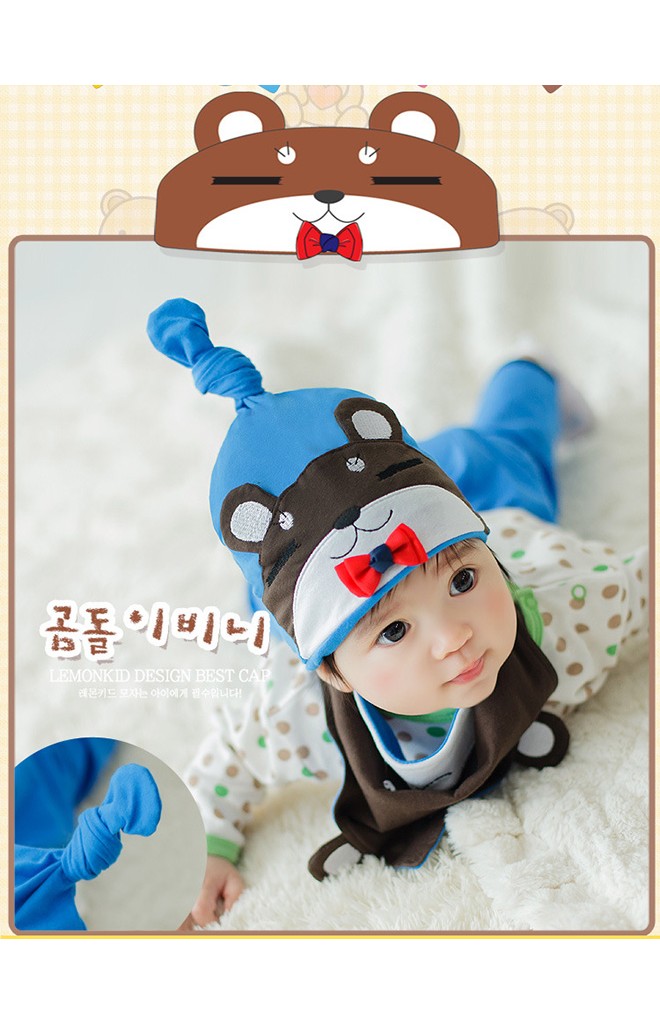 หมวกเด็กหน้าหมีหลับแต่งโบว์น่ารักมาพร้อมผ้ากันเปื้อนลายเข้าชุดกัน Lemonkid