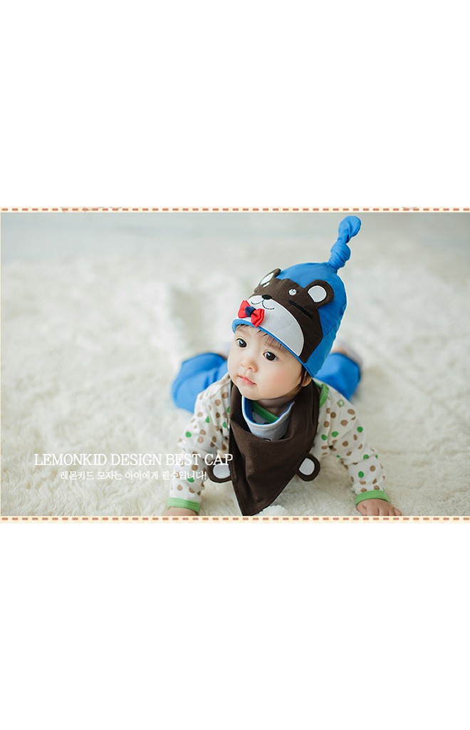 หมวกเด็กหน้าหมีหลับแต่งโบว์น่ารักมาพร้อมผ้ากันเปื้อนลายเข้าชุดกัน Lemonkid