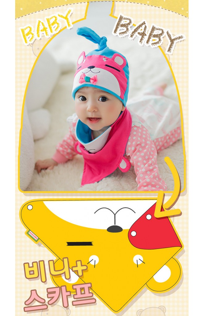 หมวกเด็กหน้าหมีหลับแต่งโบว์น่ารักมาพร้อมผ้ากันเปื้อนลายเข้าชุดกัน Lemonkid